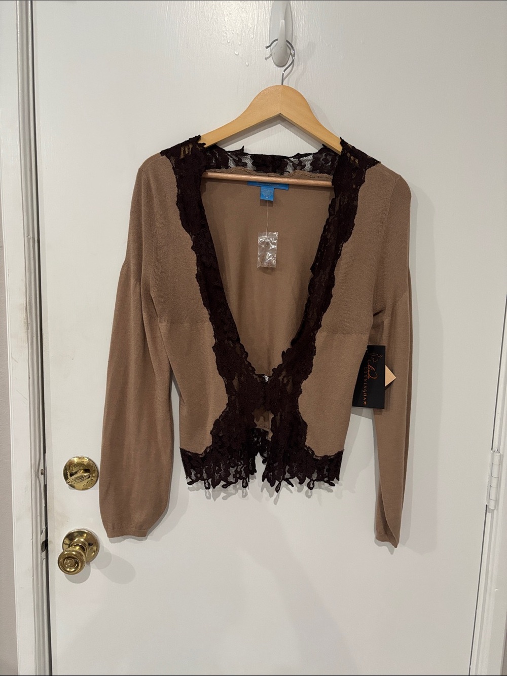 NWT White + Warren Silk Blend Women's Cardigan Sweater Driftwood Lace Trim M